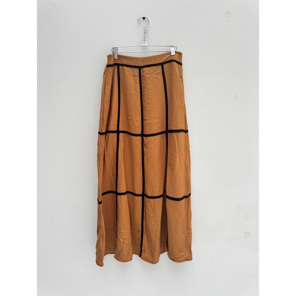 Exlura Camel Windowpane Grid Maxi Skirt Women's L with Pockets